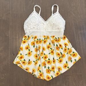 Babydoll Tank XS Bloom Lace Y2K Festival Fairy Sunflowers Hanky hem built in bra